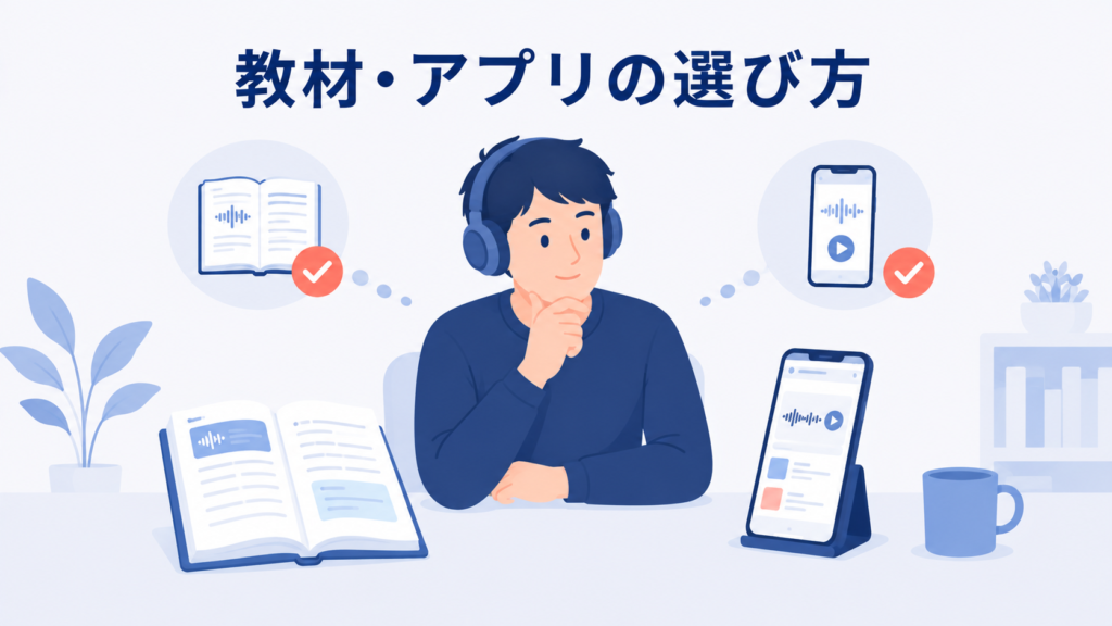 シャドーイングに使う英語教材とスマートフォンを選ぶ社会人
