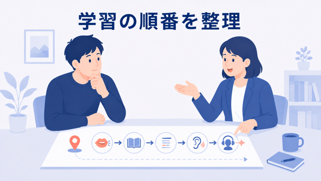 発音・単語・文法・リスニングとシャドーイングの学習順序を整理するイメージ