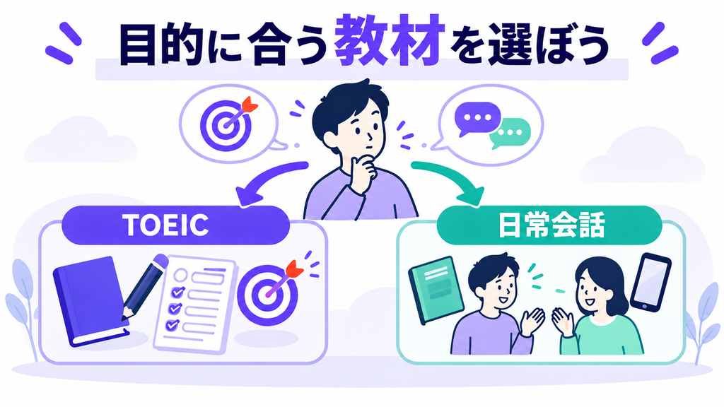 TOEIC対策と日常会話の2つの目的に合わせて、書籍や学習サービスを選ぶ