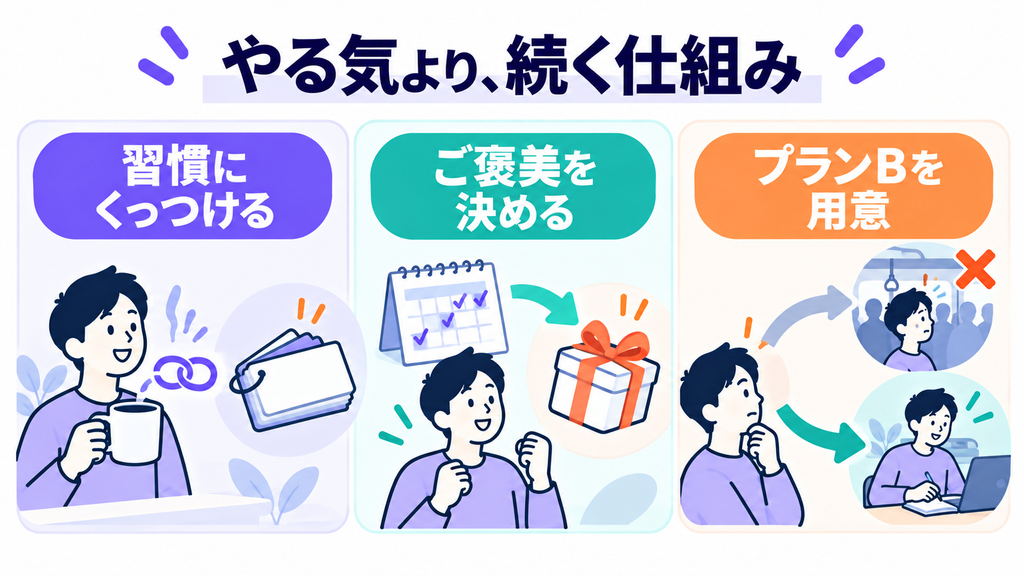 英語学習を続ける3つの工夫：今の習慣に組み込む、ご褒美を決める、予定どおりできない日の代案を用意する