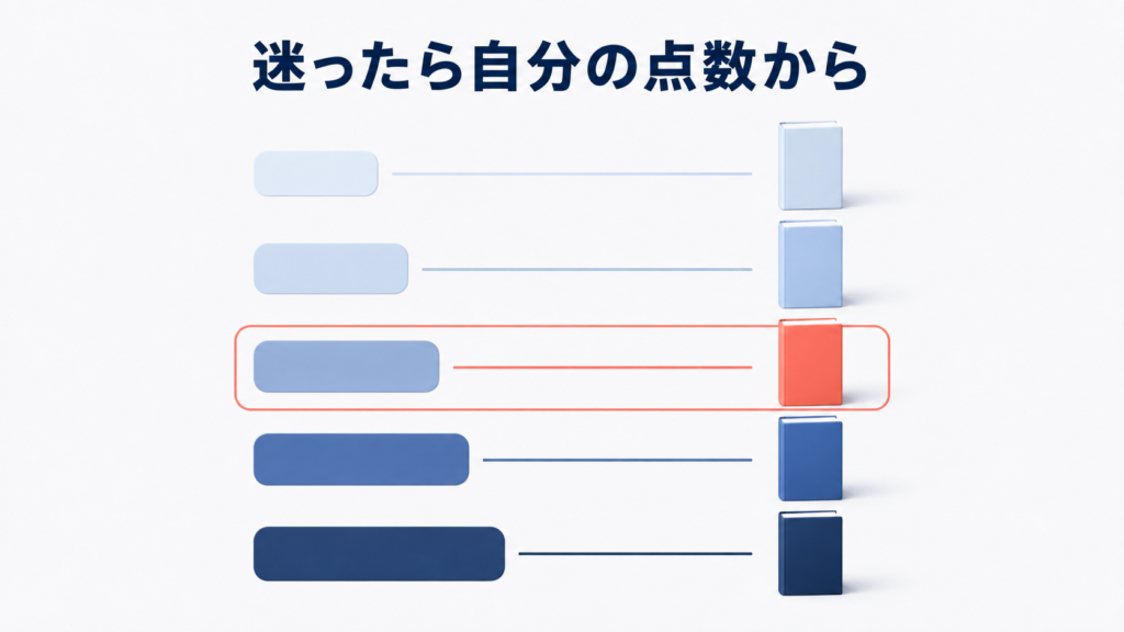 TOEICのスコア帯ごとにおすすめ単語帳が1冊ずつ対応する早見表のイメージ
