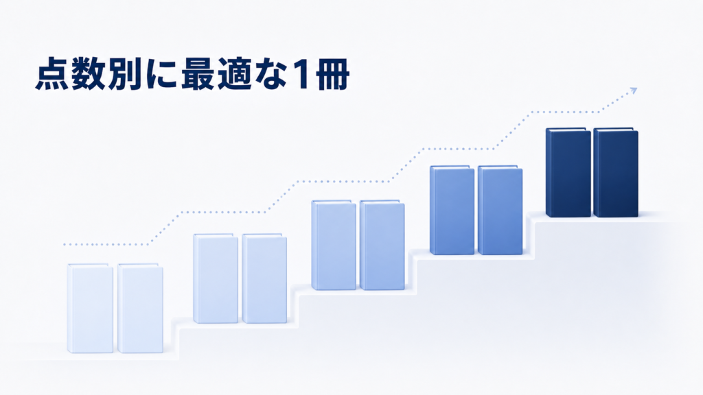 TOEICのレベル別におすすめ単語帳10冊を階段状に並べたイメージ