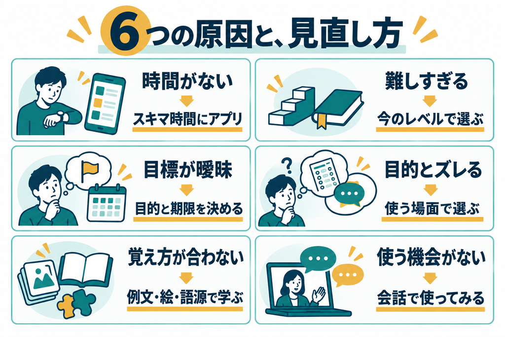 紙の単語帳とアプリの比較。紙は集中や書き込みに向く一方、持ち運びと復習管理に手間がかかる。アプリはスキマ時間の学習と復習管理に便利だが、通知や覚えたつもりに注意。
