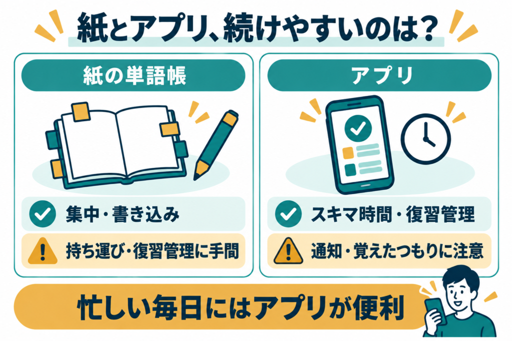紙の単語帳とアプリの比較。紙は集中や書き込みに向く一方、持ち運びと復習管理に手間がかかる。アプリはスキマ時間の学習と復習管理に便利だが、通知や覚えたつもりに注意。
