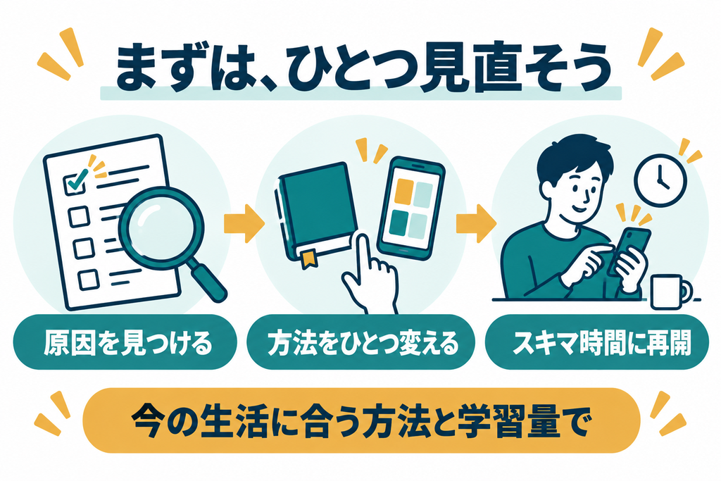 単語学習を再開する流れ。続かない原因を見つけ、方法をひとつ変え、今の生活に合う方法と学習量でスキマ時間に再開する。