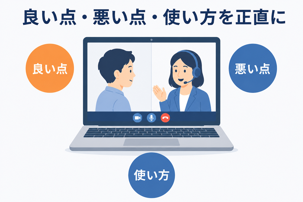 ネイティブキャンプの各教材を良い点・悪い点・使い方の3つの観点から解説することを示した図
