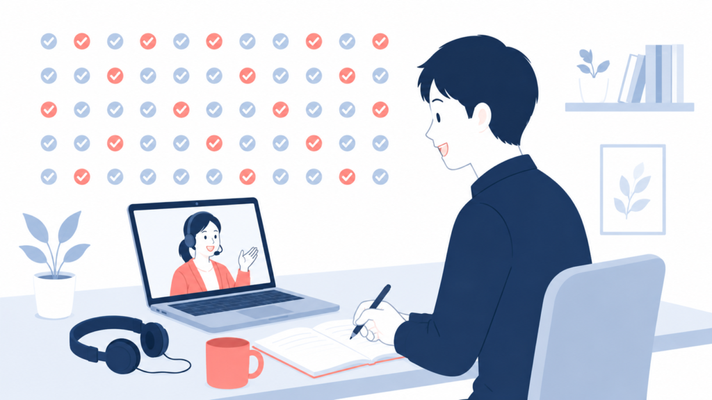 ネイティブキャンプのレッスンを受講している男性のイラスト