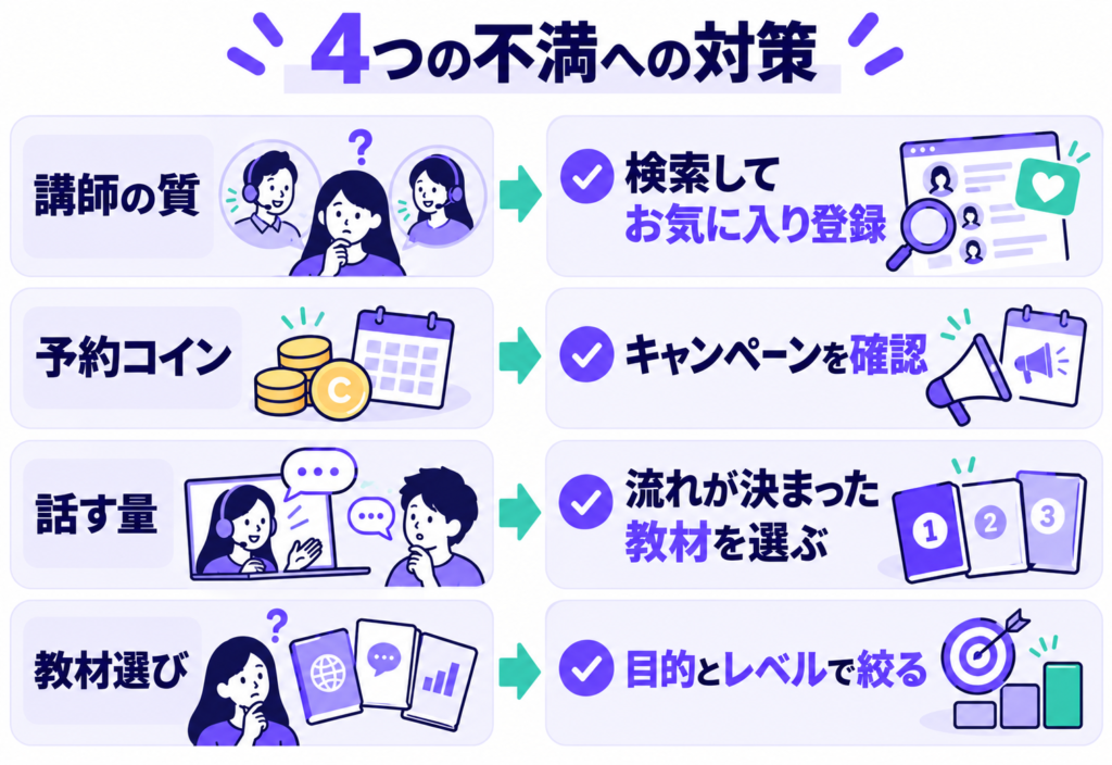 講師は検索とお気に入り登録、予約コインはキャンペーン確認、発話量は進行の決まった教材、教材選びは目的とレベルで対策する。