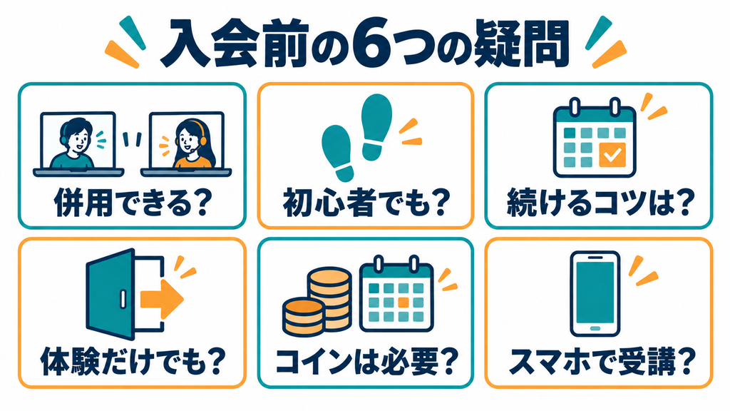 入会前の6つの疑問：併用、初心者の受講、続けるコツ、無料体験だけの利用、予約コイン、スマホでの受講