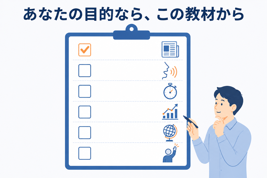 目的別おすすめ教材6選のまとめを表すチェックリスト。6つの教材から自分に合うものを選ぶ様子