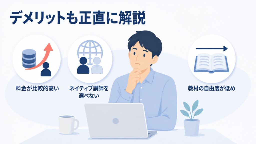 QQ Englishのデメリットをまとめた図と考える男性のイラスト