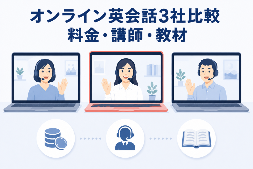 オンライン英会話の３社比較しているイラスト