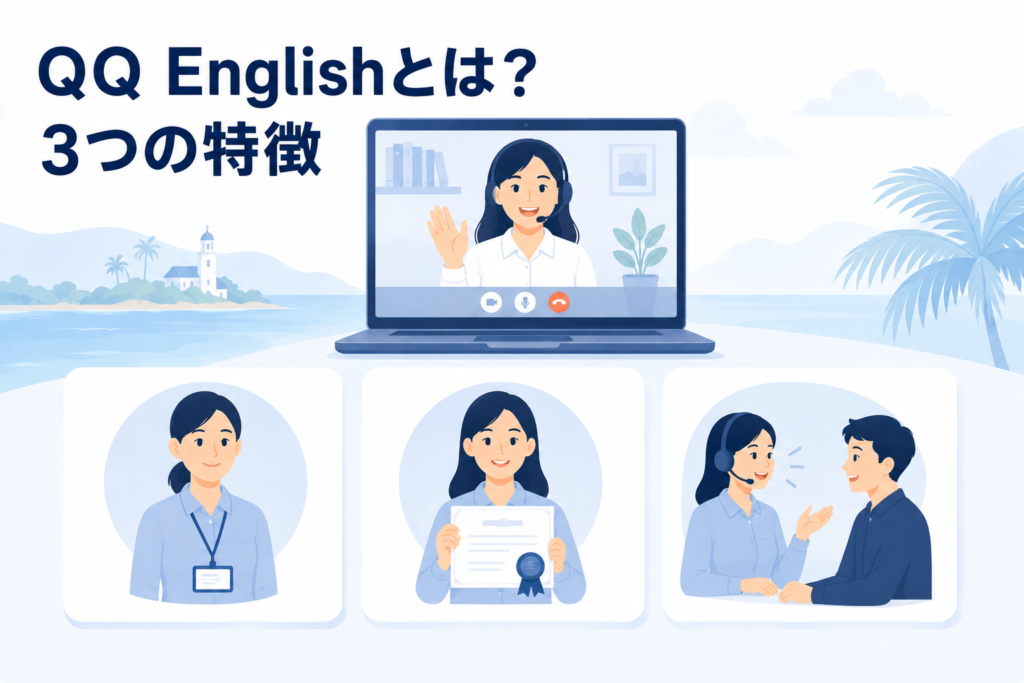 QQ Englishとは？３つの特徴をまとめたイラスト