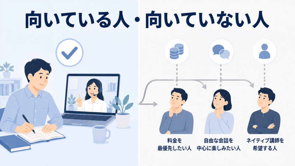QQ Englishに向いている人とそうでない人の特徴をまとめたイラスト