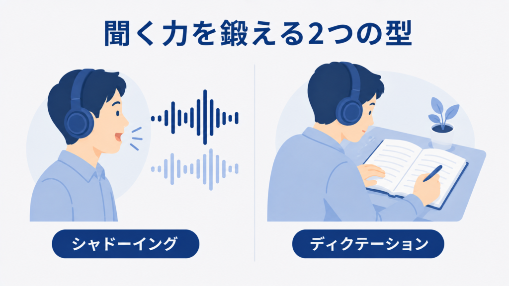 シャドーイングとディクテーションでTOEICのリスニング力を鍛えるイメージ