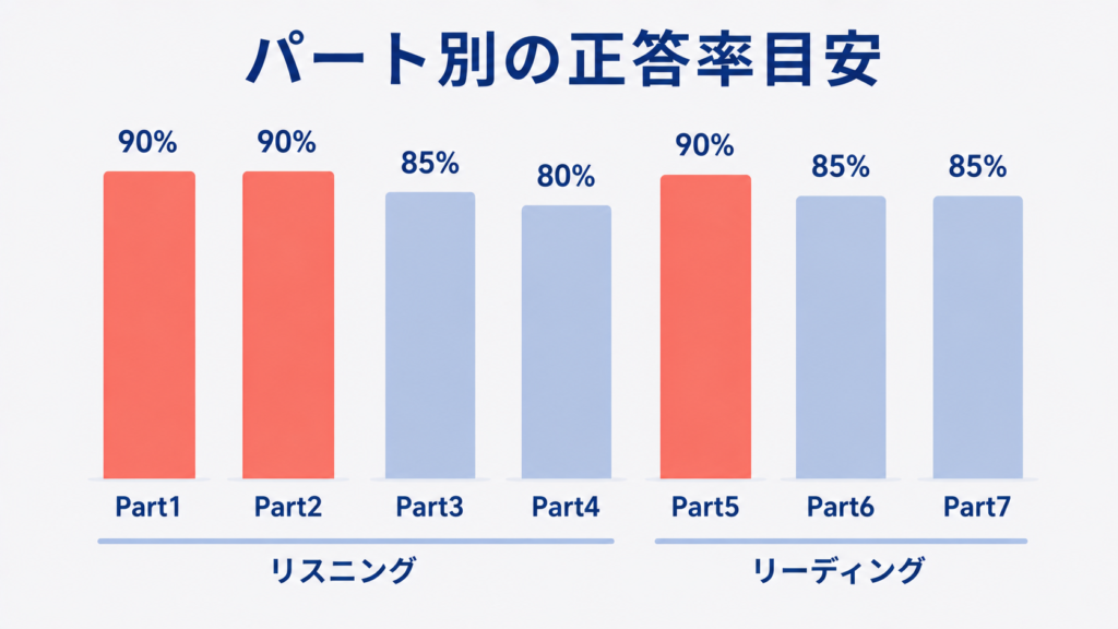 TOEIC800点に必要なパート別の正答率目安。Part1とPart2とPart5が90%以上、Part4が80%以上