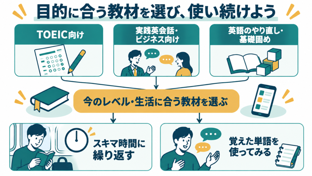 TOEIC、実践英会話・ビジネス、やり直し・基礎固めから目的に合う教材を選び、スキマ時間に繰り返して使う