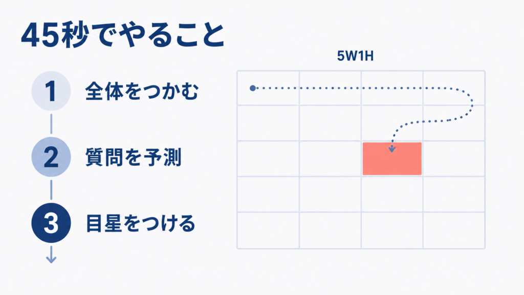 資料応答問題の準備45秒で全体把握から目星をつけるまでの流れを示す図