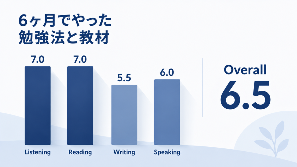 IELTS4技能のスコアをまとめた図。Listening7.0、Reading7.0、Writing5.5、Speaking6.0でOverall6.5