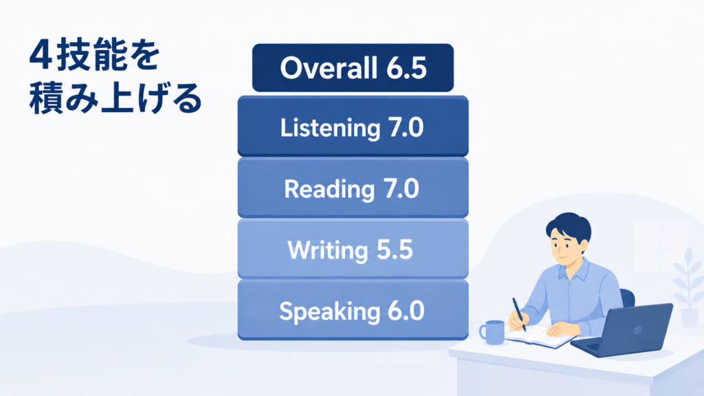 4技能を積み上げてOverall6.5になることを示すまとめの図。Writingは5.5