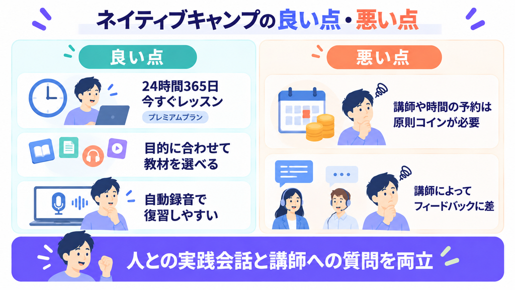 ネイティブキャンプの良い点と悪い点。今すぐレッスン、教材、自動録音、予約コイン、講師のフィードバック