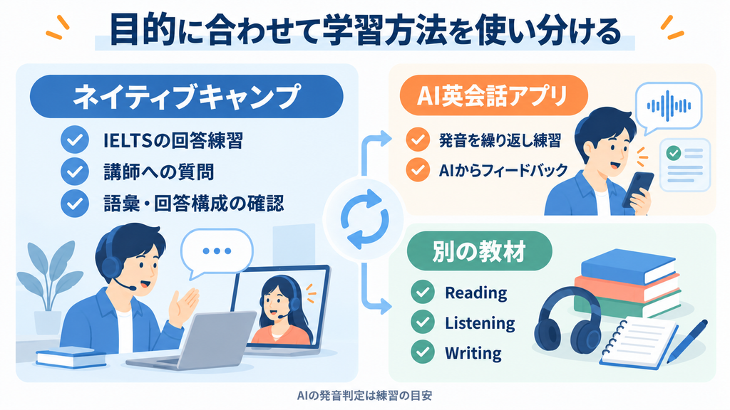 ネイティブキャンプをIELTSの回答練習に使い、発音はAI英会話アプリ、Reading・Listening・Writingは別教材で補う使い分け