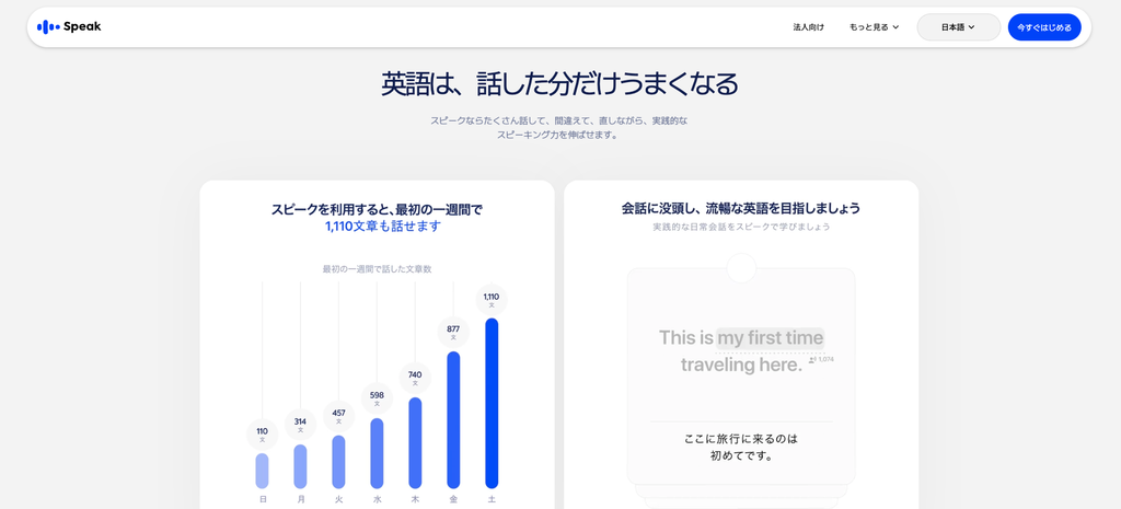 発話数の増加グラフと英会話練習画面を紹介するスピーク公式サイト