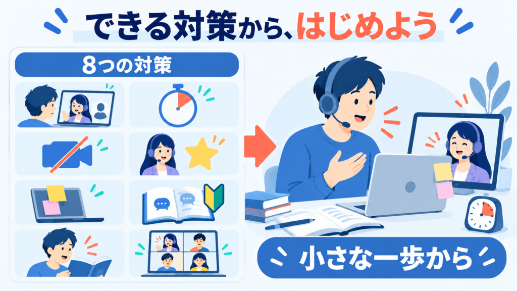 8つの対策から取り組みやすい方法を選び、付箋や教材を用意してオンライン英会話を始める受講者