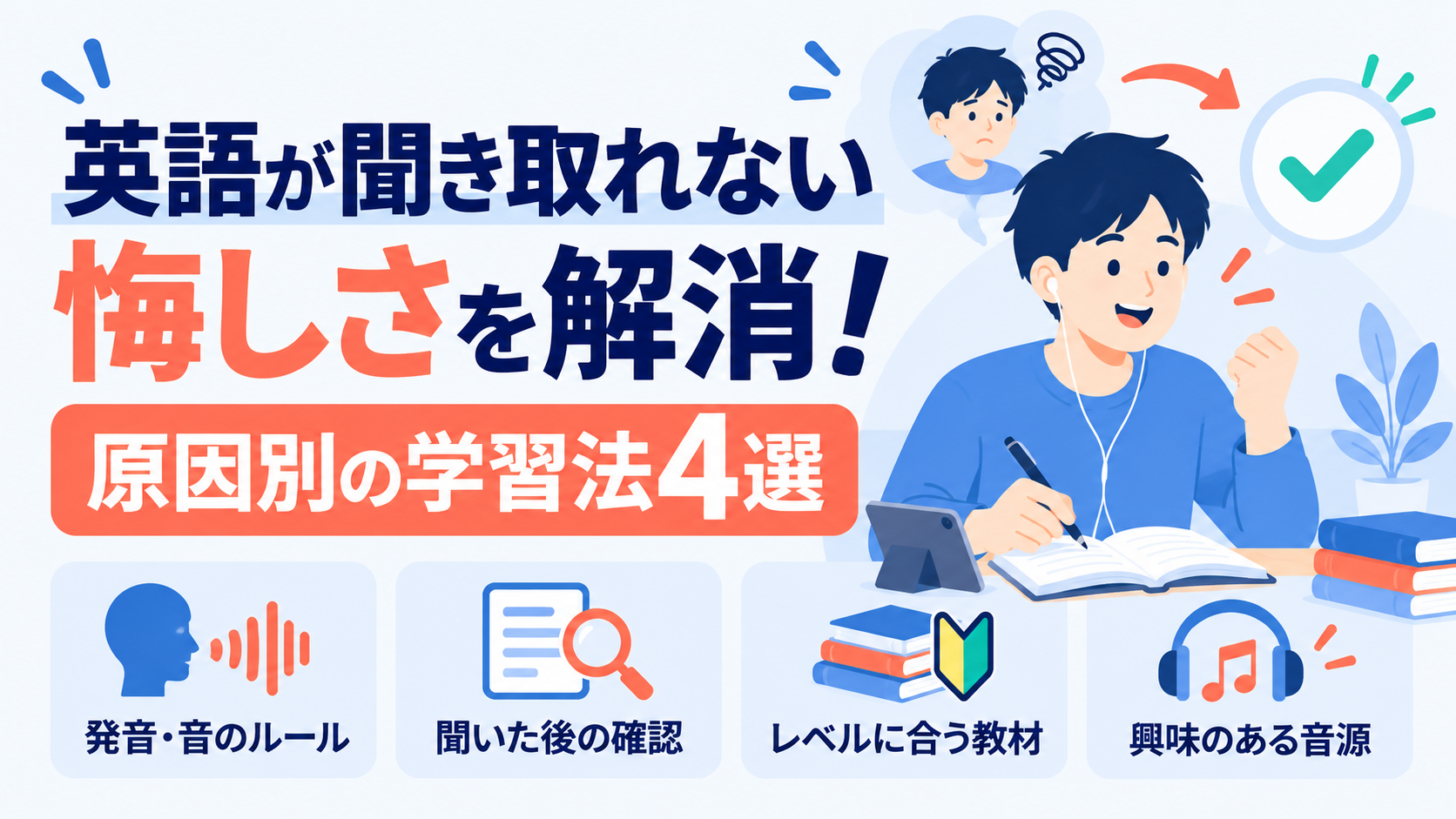 英語が聞き取れない悔しさを解消する、発音・学習姿勢・教材のレベル・興味に合わせた4つの学習法
