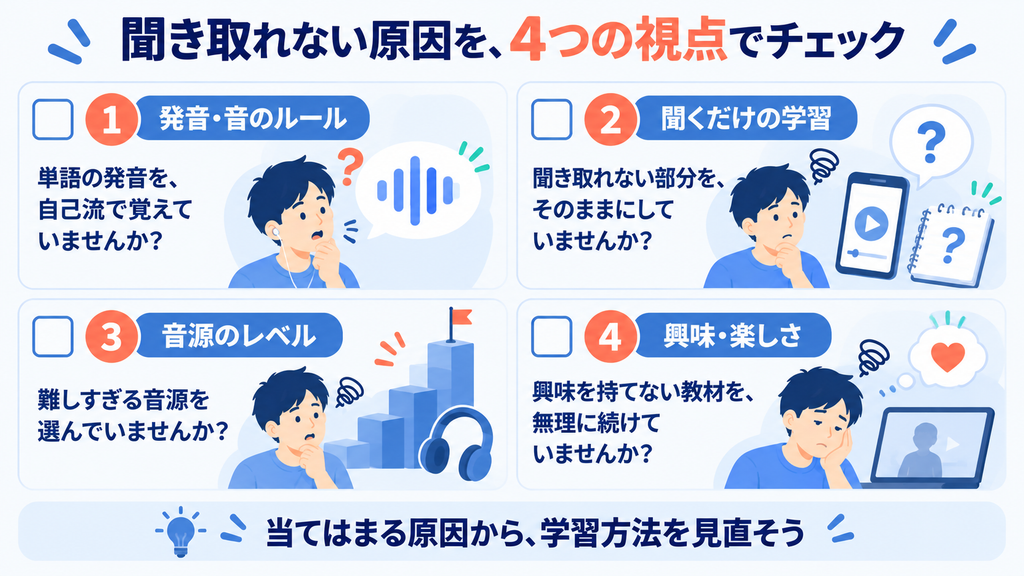 英語が聞き取れない4つの原因を確認するチェックリスト。発音知識、聞くだけの学習、音源の難しさ、興味・楽しさを見直す