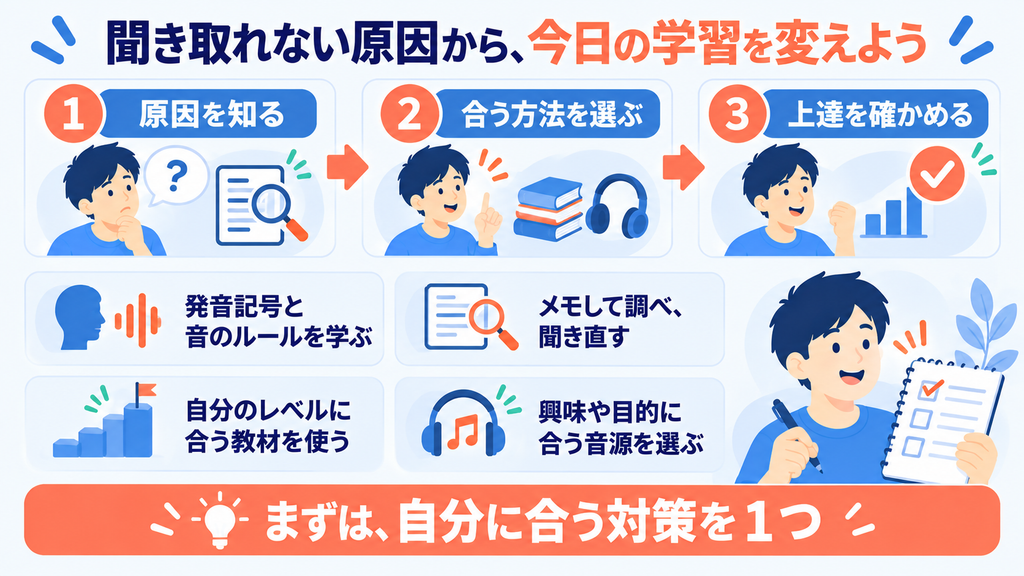 聞き取れない原因を知り、自分に合う学習法を選び、上達を確かめる流れ。まずは原因に合う対策を1つ実践する