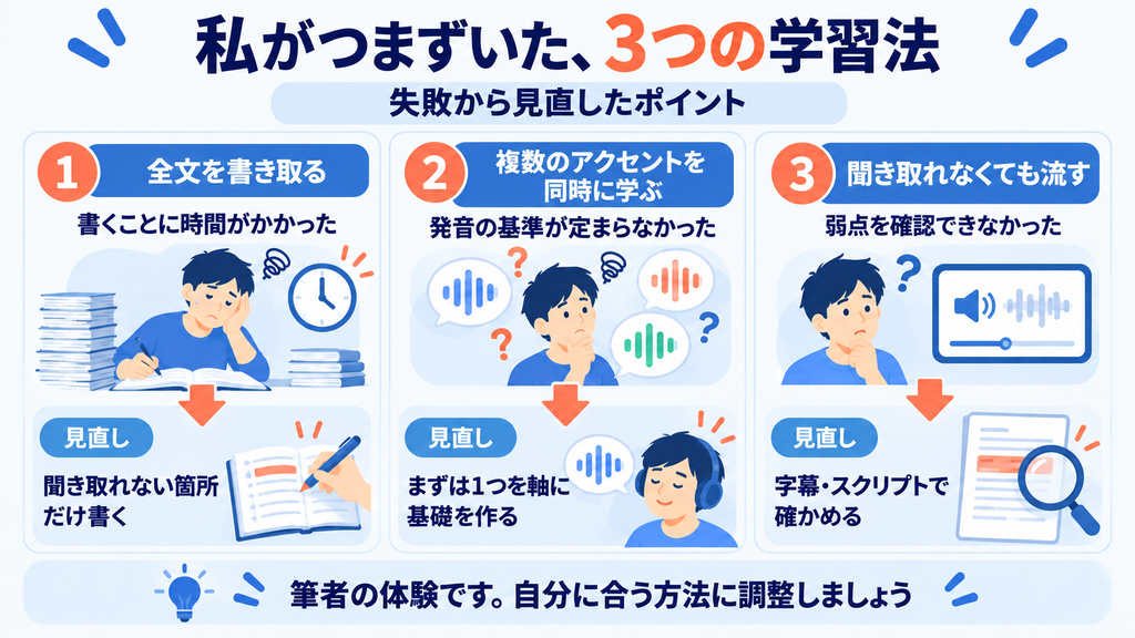筆者が経験した、全文の書き取り、複数アクセントの同時学習、聞き取れない部分の放置という3つの失敗と改善策