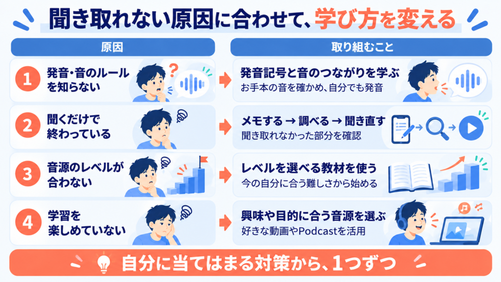 聞き取れない原因と対策の対応表。発音を学ぶ、メモして調べる、レベルに合う教材を使う、興味のある音源を選ぶ