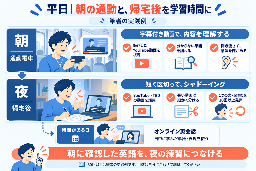平日の学習例。朝は通勤電車で字幕付き動画を見て単語を確認し、夜はシャドーイング。時間がある日はオンライン英会話にも取り組む